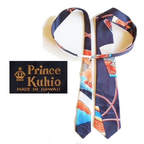 NOS Vintage 70s Prince Kuhio Tie 58" Crane Landscape Japanese Art Made In Hawaii - Picture 1 of 7